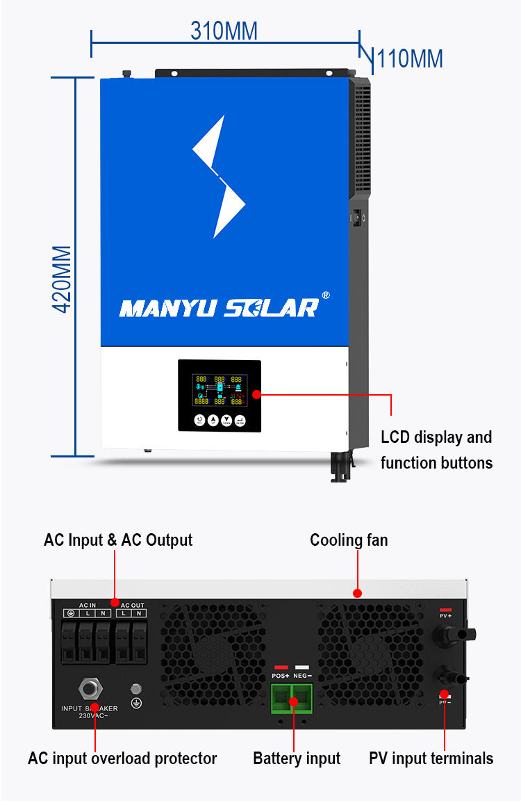 On/Off-Grid Dc-Ac Wall Inverter 3.6Kw 6.2kw Hybrid Solar Inverter 48V 24V All In One Mpp Hybrid Solar Inverter