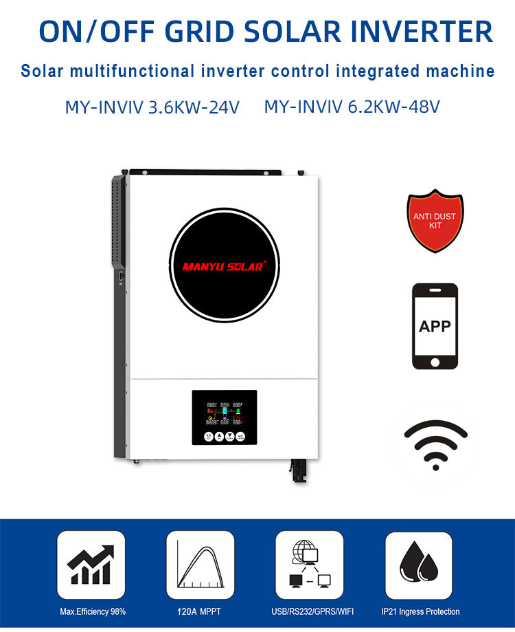 Mppt Hybrid Solar Inverter 3.6kw 6.2kw DC to AC Off Grid Grid-tied Inverters with DC 24V 48V Battery Inverter