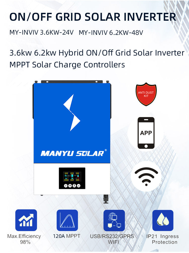 On/Off-Grid Dc-Ac Wall Inverter 3.6Kw 6.2kw Hybrid Solar Inverter 48V 24V All In One Mpp Hybrid Solar Inverter